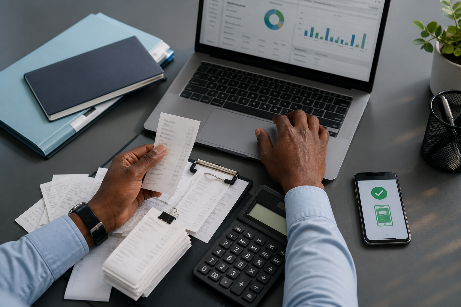 Rental accountant reconciling receipts and payment records