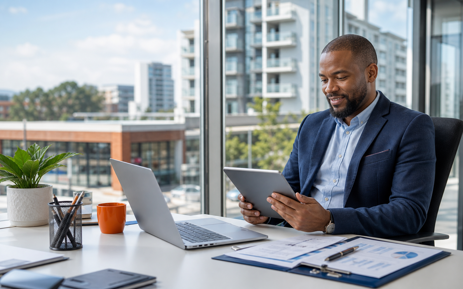 Property manager reviewing rental operations from a bright office