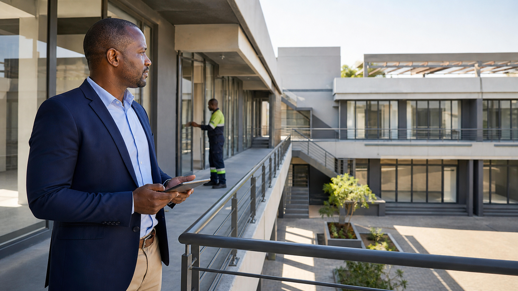 Commercial property manager inspecting a mixed-use rental portfolio