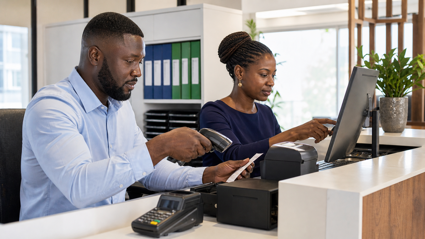 Rental payment team processing receipts at a leasing office counter