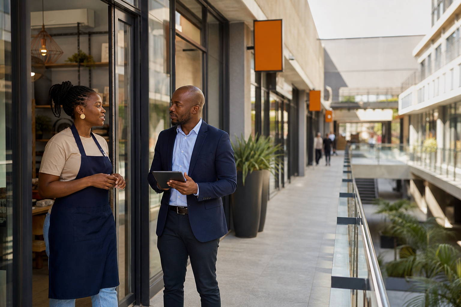 Property manager speaking with a shop tenant in a modern retail arcade