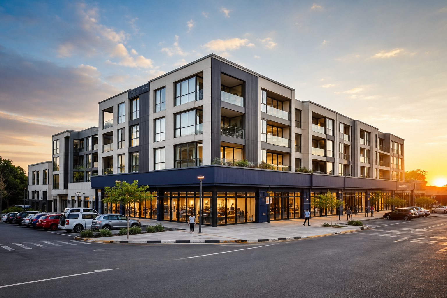 Modern mixed-use property with retail spaces and upper-floor units
